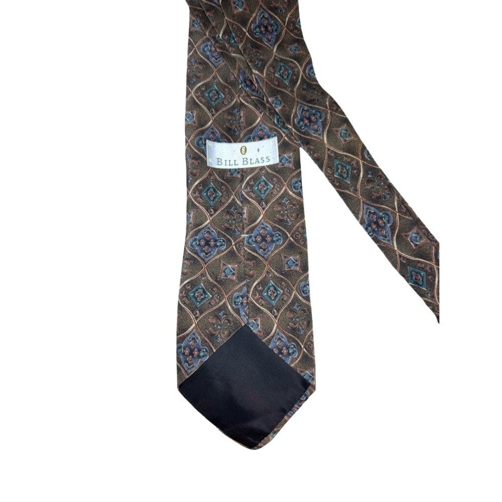 Bill Blass Mens Silk Tie Brown Blue Geometric Medallion Lattice Pattern Classic - Picture 3 of 4